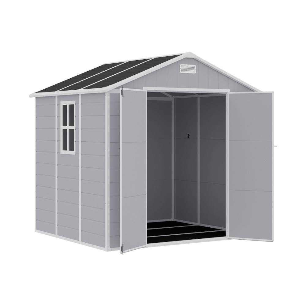 8x6ft Outdoor Plastic Tool Shed With Apex Roof & Floor, Double Doors, Ventilation & Window, Lockable Backyard Storage House