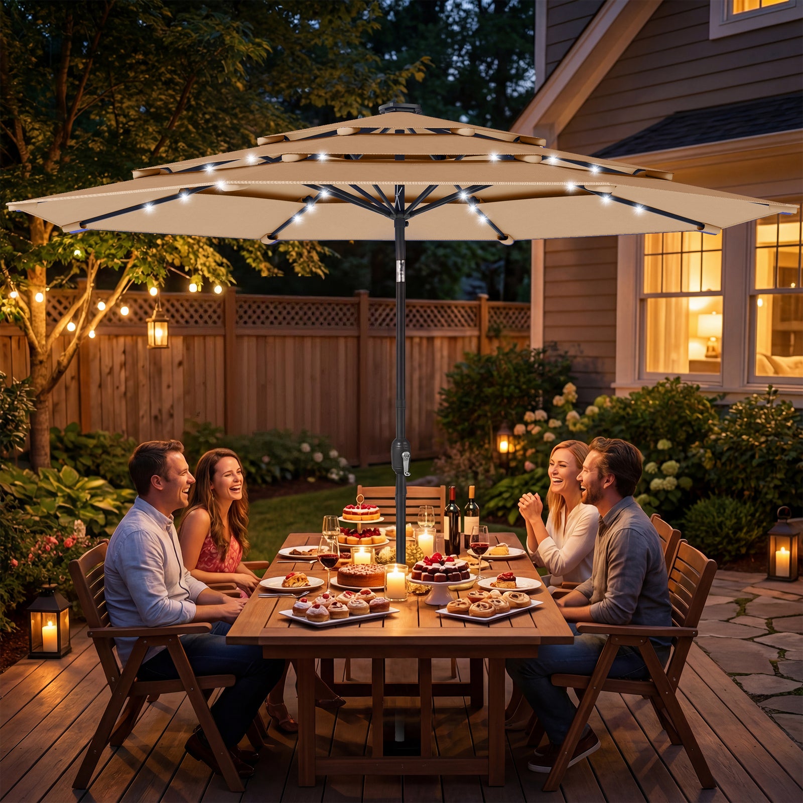 2.8 M Garden Parasol Umbrella With Light, Patio Umbrella | Khaki