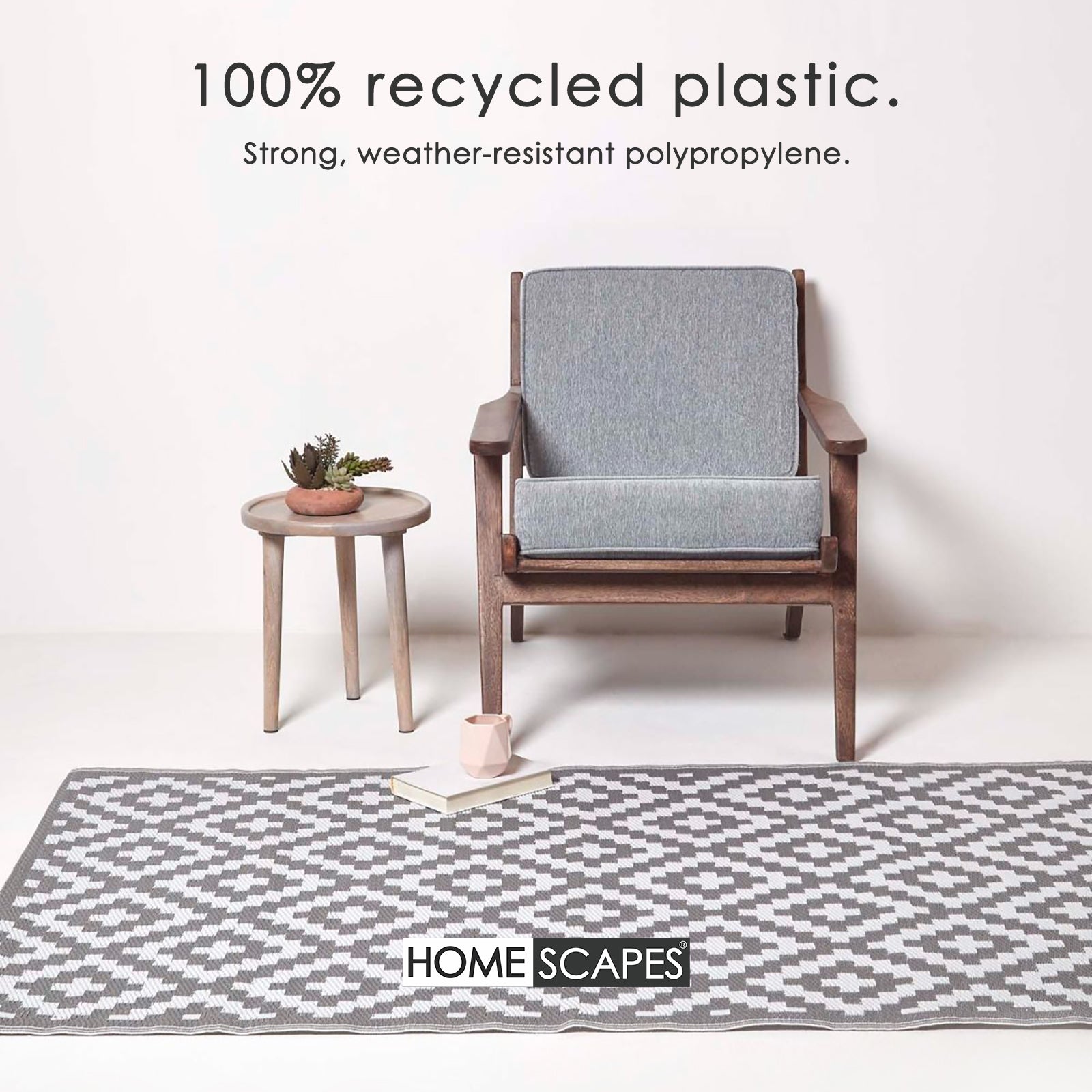 Luxury Outdoor Rug Waterproof Reversible For Garden Patio 100% Recycled, Grey Zoe Geometric | 150cm x 240cm | Grey
