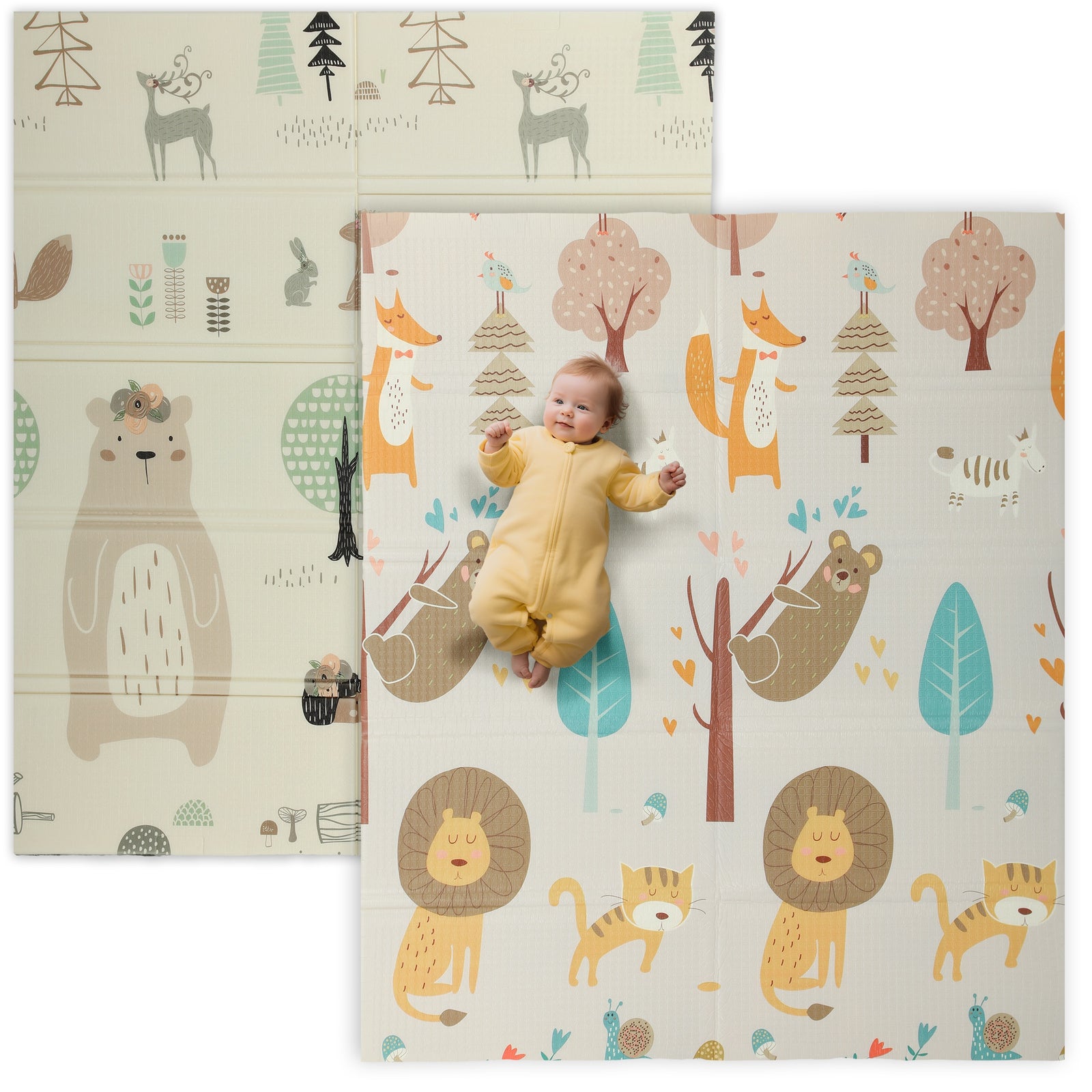 Baby Play Mat, Double Sided Crawling Mat, Animal Theme