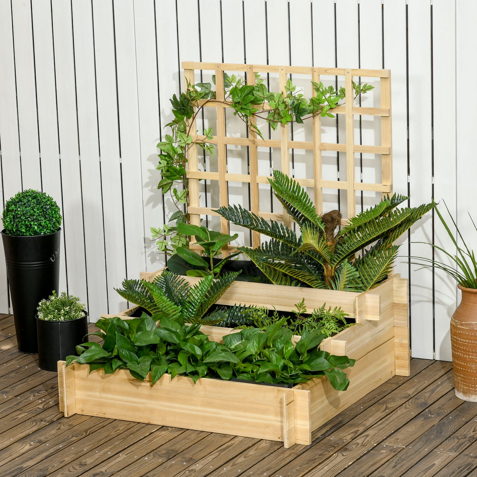3 Tier Wooden Planter With Trellis Natural