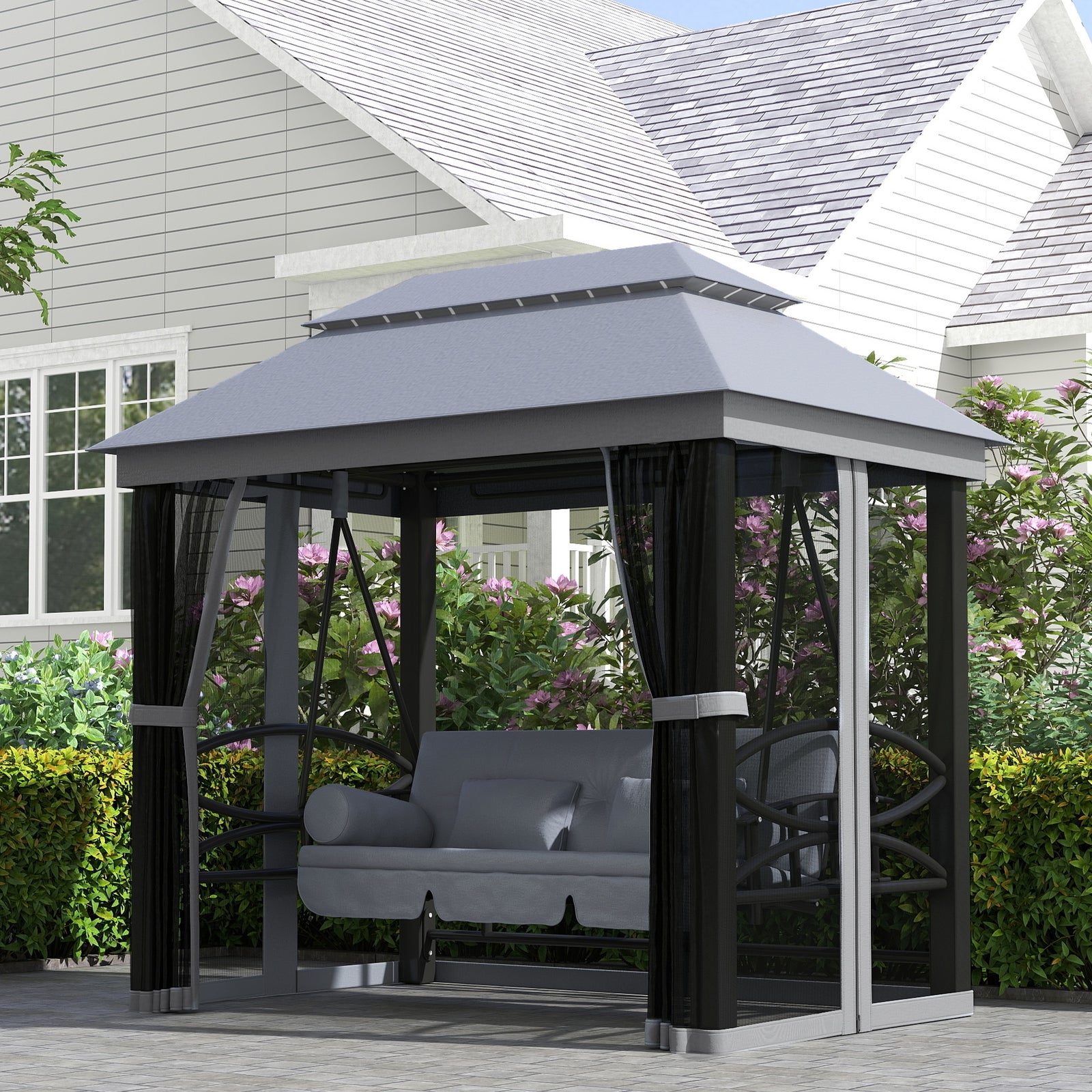 3 Person Canopy Gazebo Swing Outdoor Patio Lounge W/ Mesh Walls