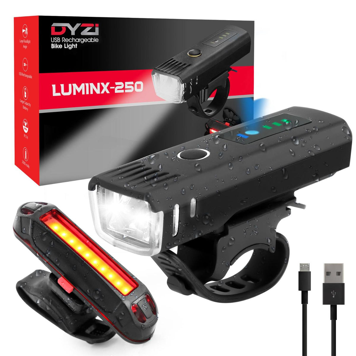 Dyzi Bike Bicycle Light Set Usb Rechargeable 4 Modes Daylight Sensor