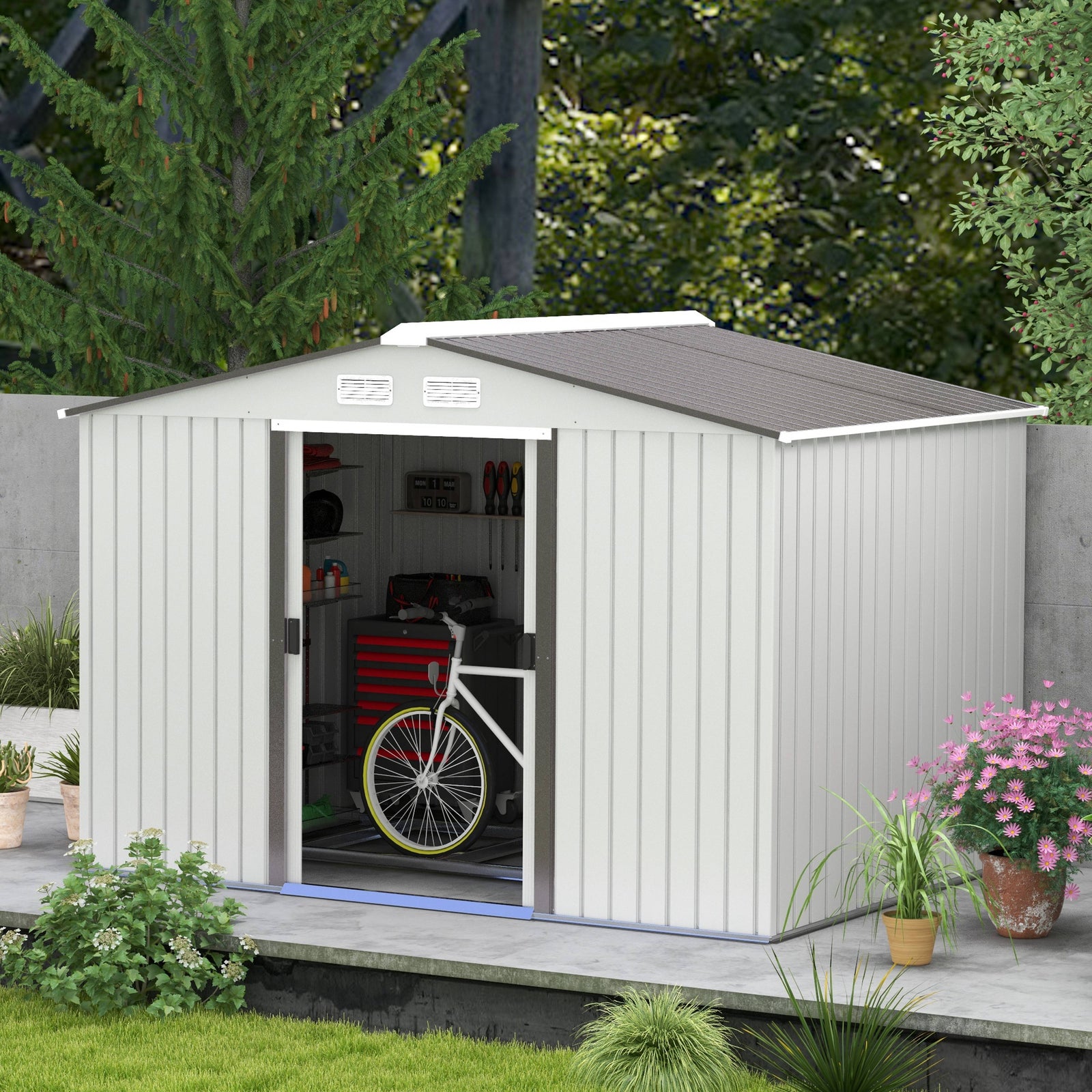 Garden Shed Storage Unit With Locking Door Floor Foundation | Medium | Silver