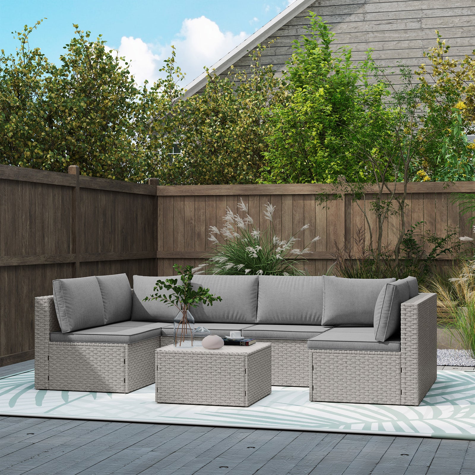 Outsunny 7 Piece Rattan Set, 6 Seater Corner Sofa
