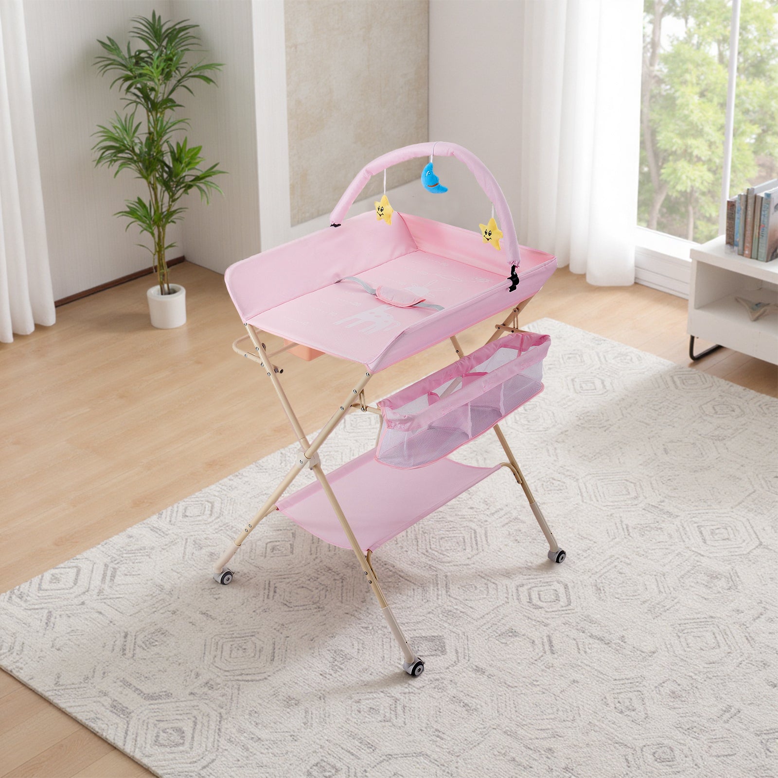 Portable Adjustable Baby Changing Table With Storage, Hanging Toy , Small Basin, Pillow & Changing Pad – Foldable Infant Diaper Station | Pink