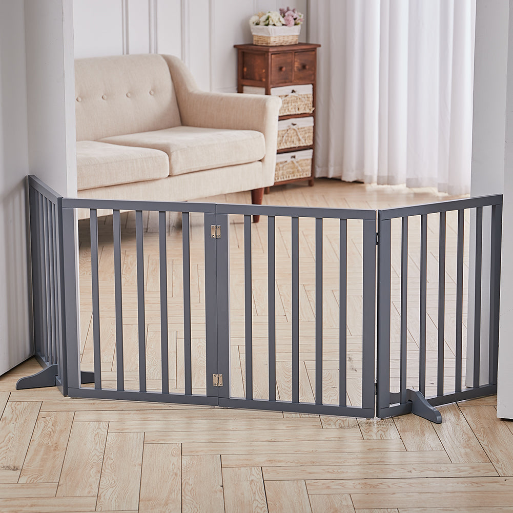 Foldable Freestanding 3/4-panel Pet Gate, Indoor Safety Barrier For Doorways, Halls & Staircases | Large | Grey