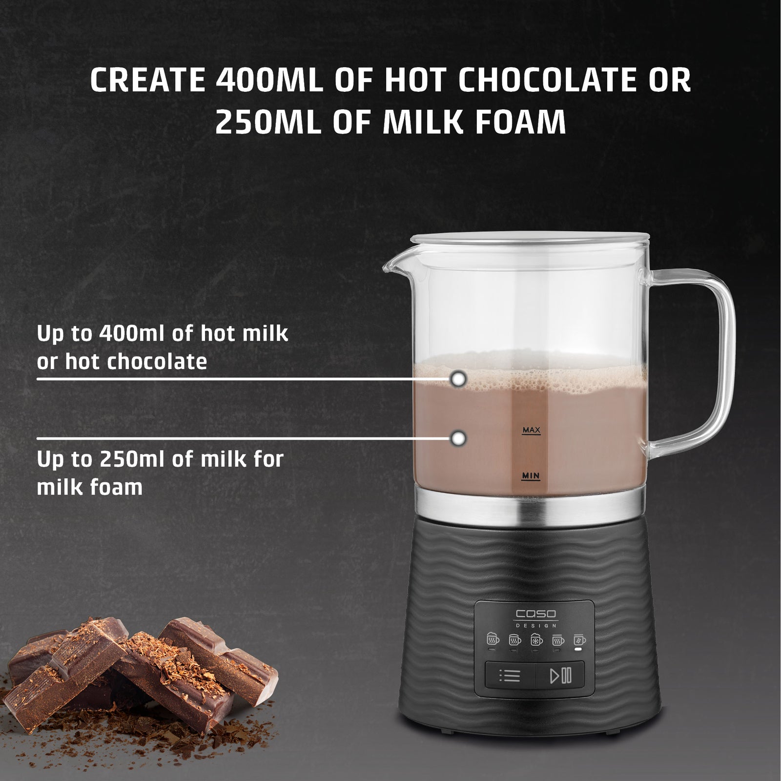 CASO Design Cappulatte Electric Milk Frother With 5 Functions, Hot Chocolate Maker With Glass Jug - 400ml Capacity
