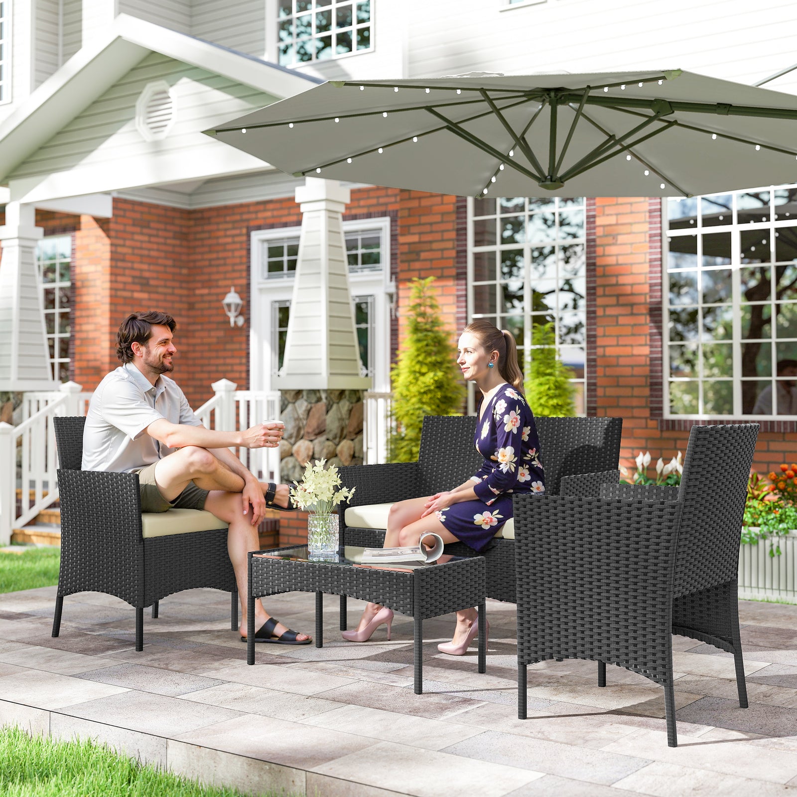 4 Piece Rattan Garden Furniture Sofa Set With Cushions | Cream