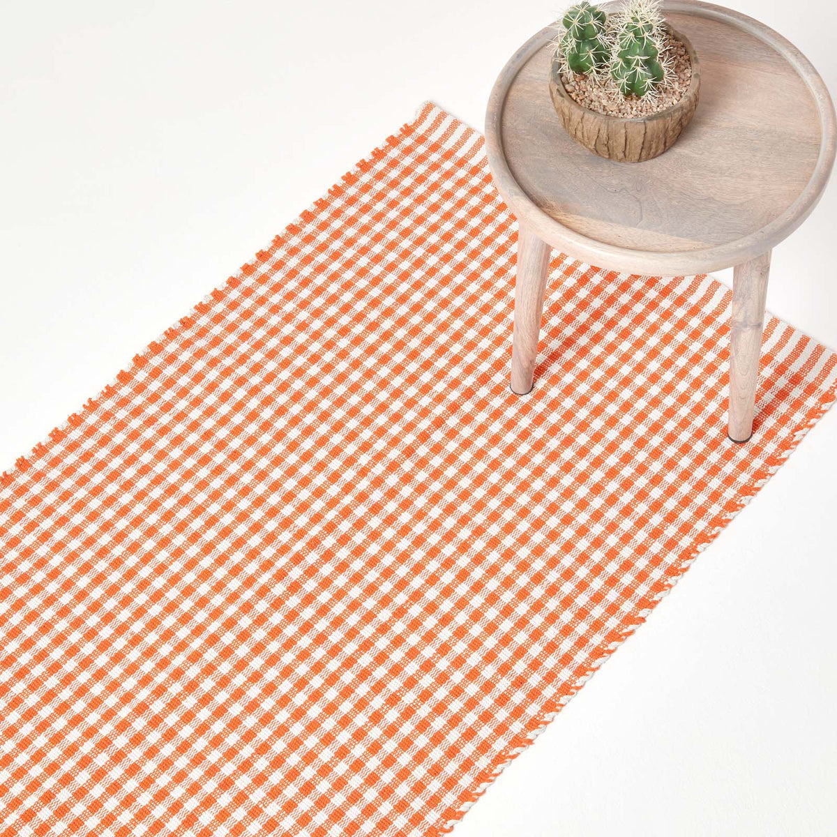 Cotton Gingham Check Rug Hand Woven | 200cm | Orange