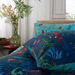 Fox And Floral Cotton Rich 200 Thread Count Reversible Duvet Cover Set | King | Navy Blue