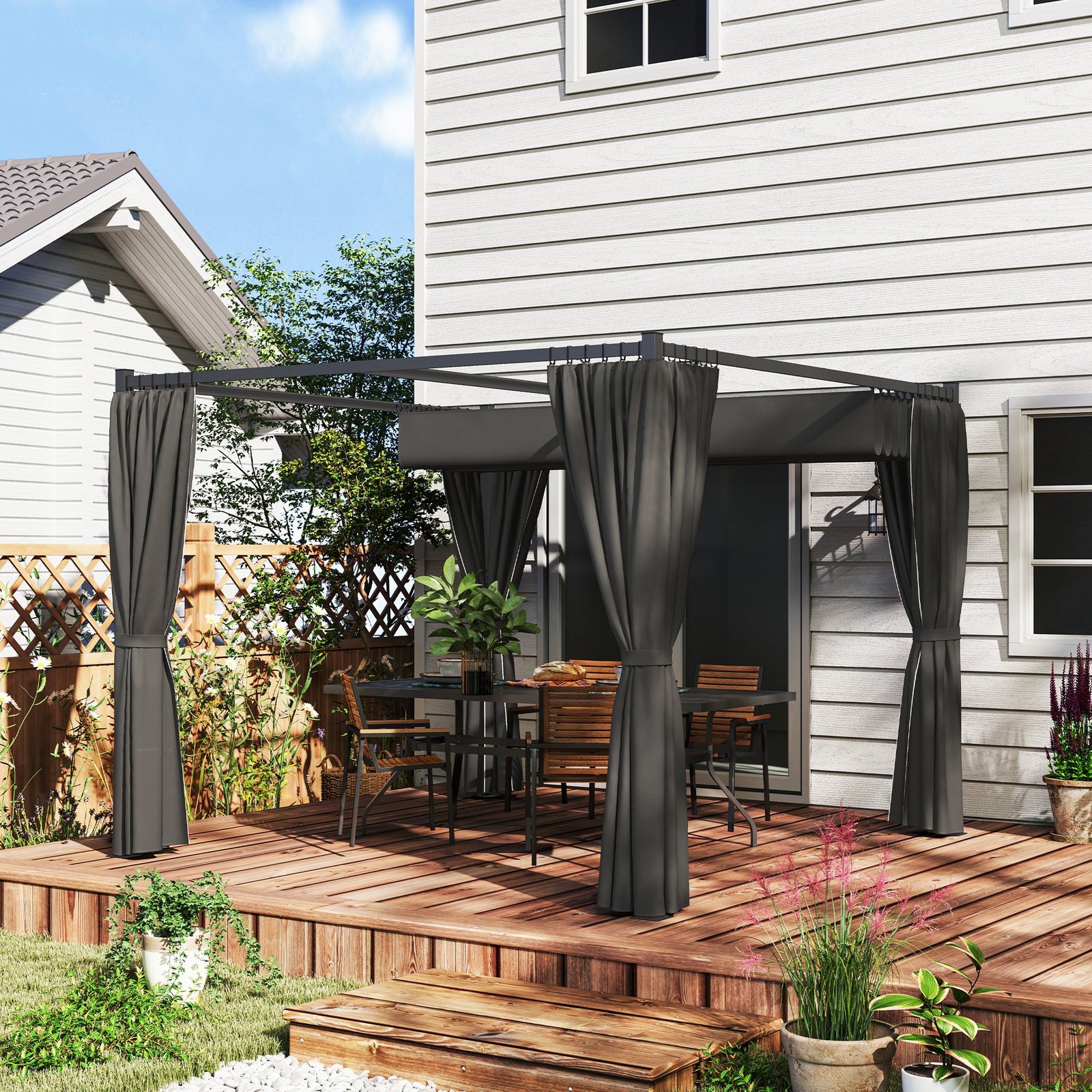 3 X 3(m) Pergola With Retractable Roof And Curtains | Charcoal Gray