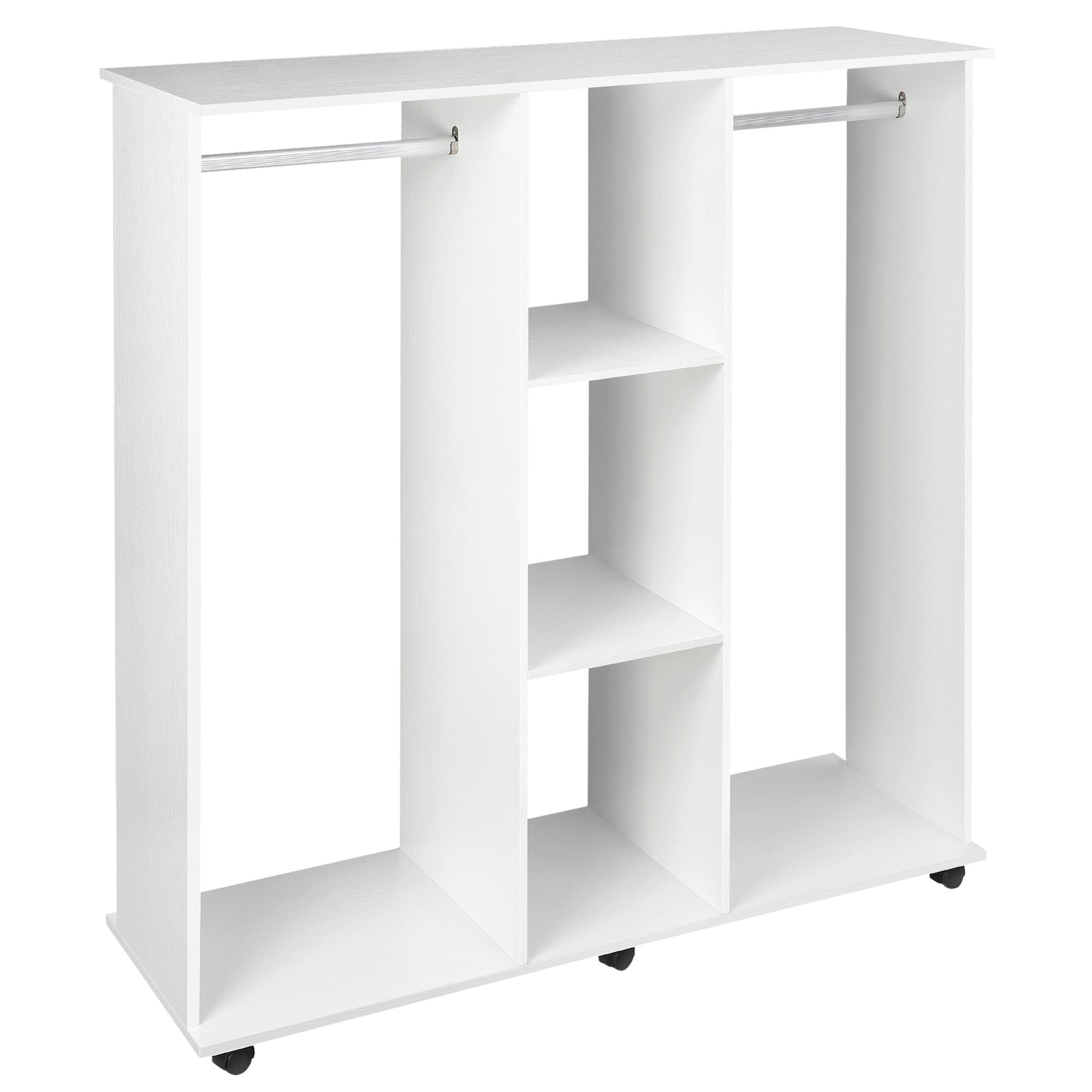 Mobile Double Open Wardrobe W/ Clothes Hanging Rail Colthing | One Size | White