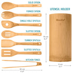 BlauKe Wooden Kitchen Utensils Set Of 8 - Non-stick Bamboo Cooking Utensils - Wooden Spatulas, Wooden Spoons, Tong, Utensil Holder