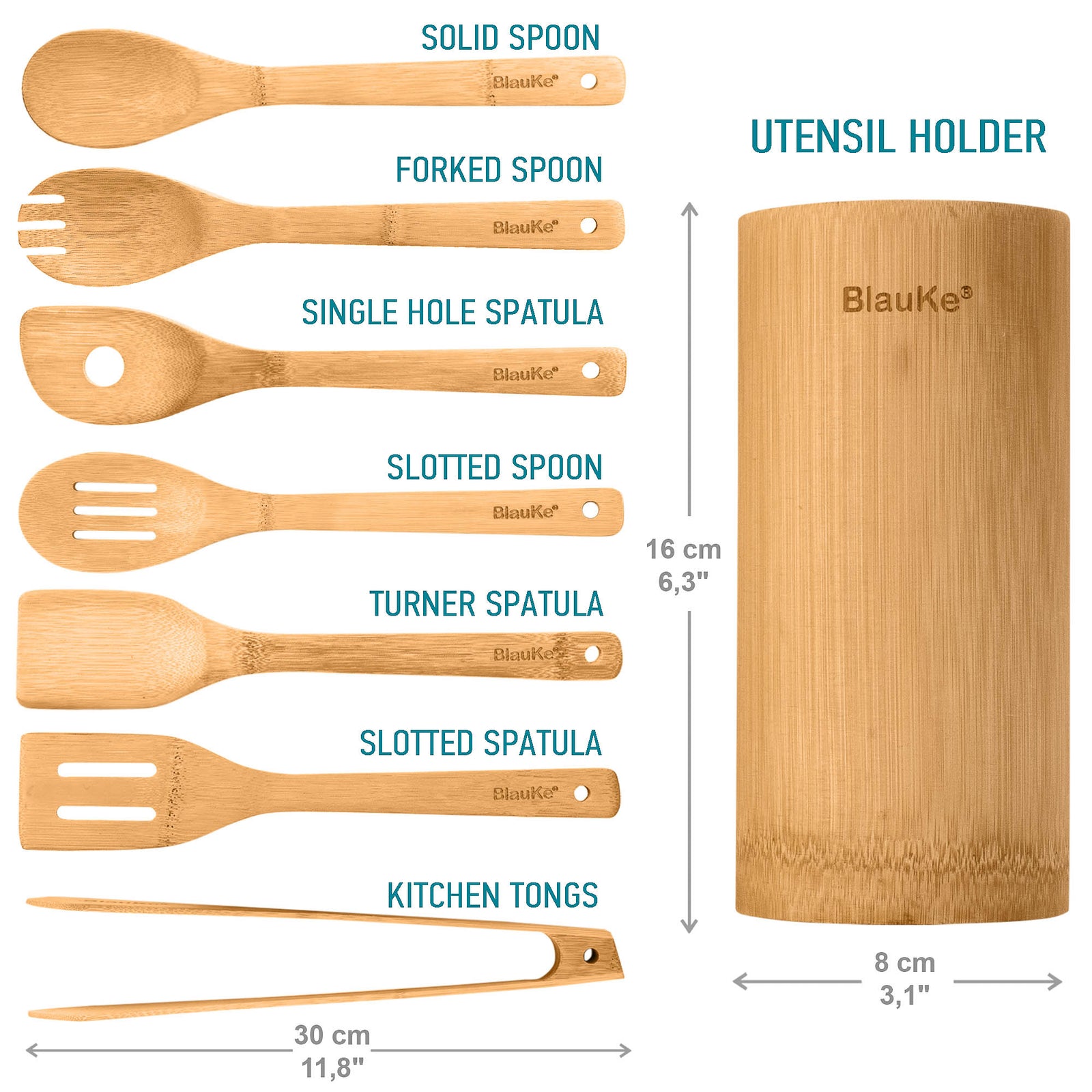BlauKe Wooden Kitchen Utensils Set Of 8 - Non-stick Bamboo Cooking Utensils - Wooden Spatulas, Wooden Spoons, Tong, Utensil Holder