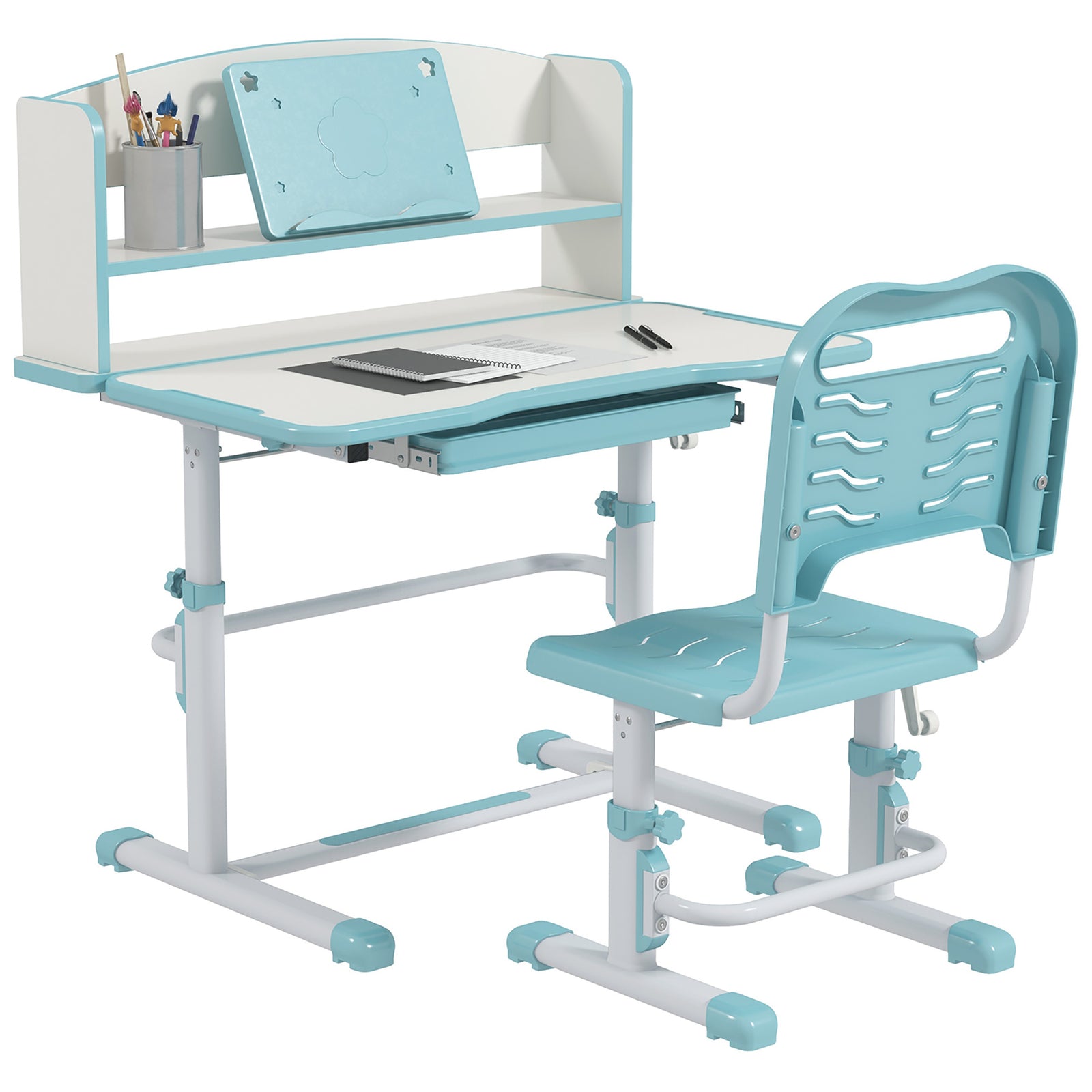 Height Adjustable Kids Desk And Chair Set, With Drawer, Bookshelf | Blue
