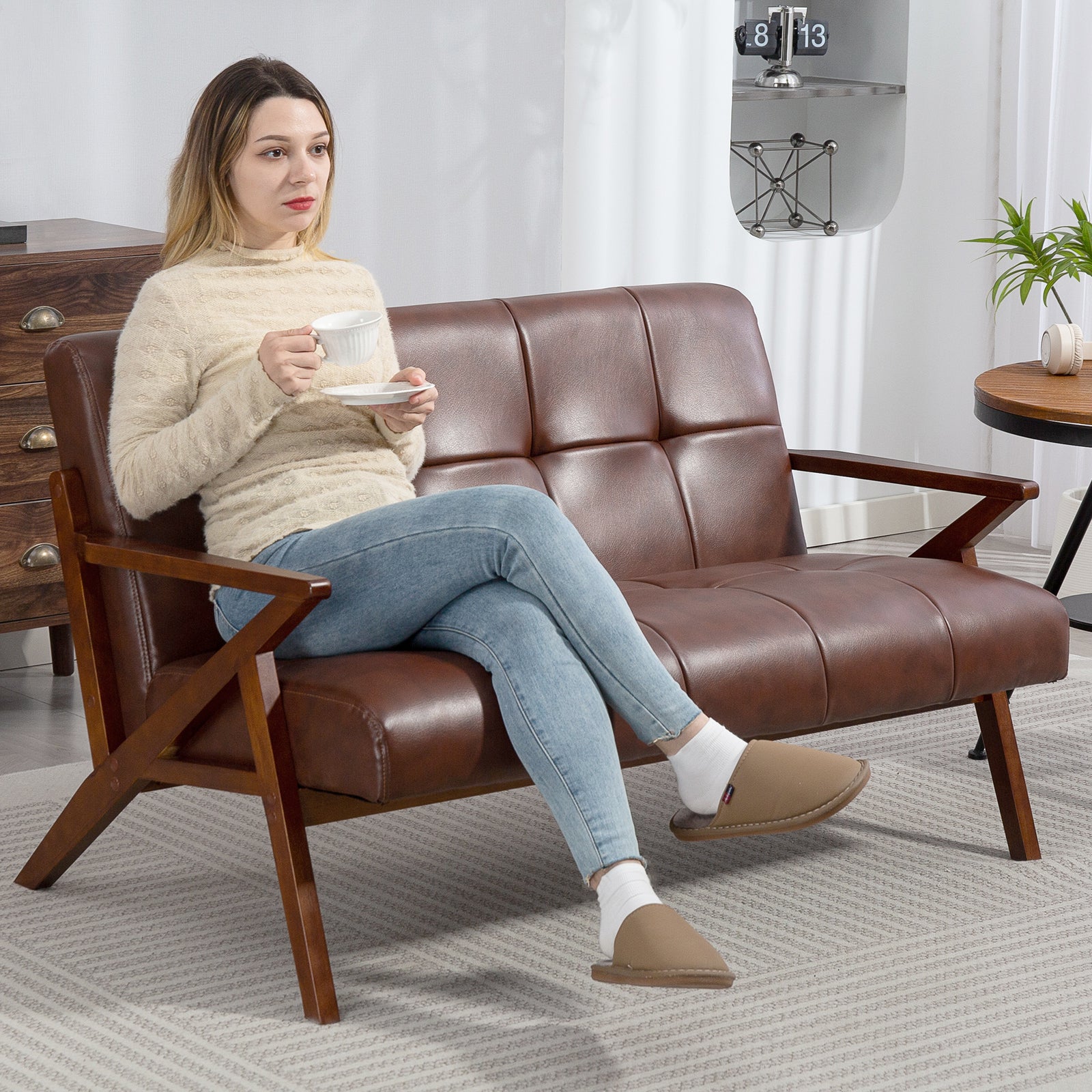 Compact Small Sofa With Solid Wood Frame, Vintage 2 Seater Sofa Brown