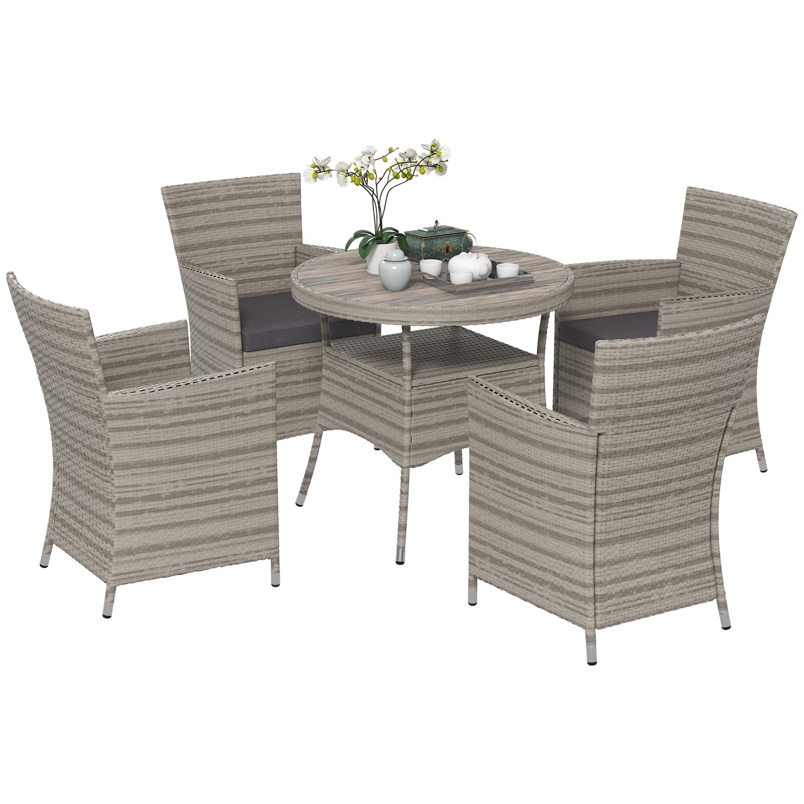 Outsunny 4 Seater Rattan Dining Set With Cushions, Double Layer Table