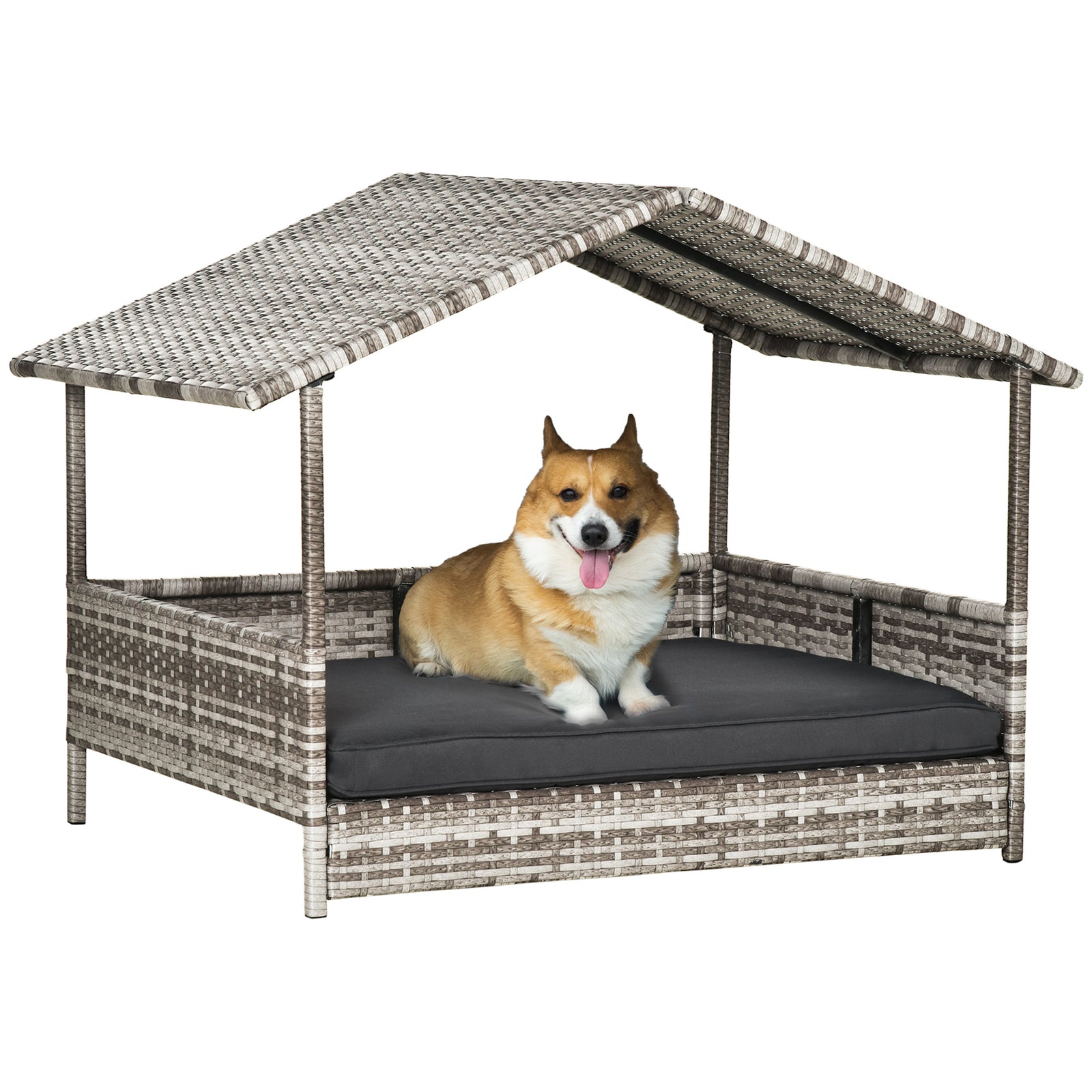 Wicker Dog House, Rattan Pet Bed With Soft Cushion | Dark Gray
