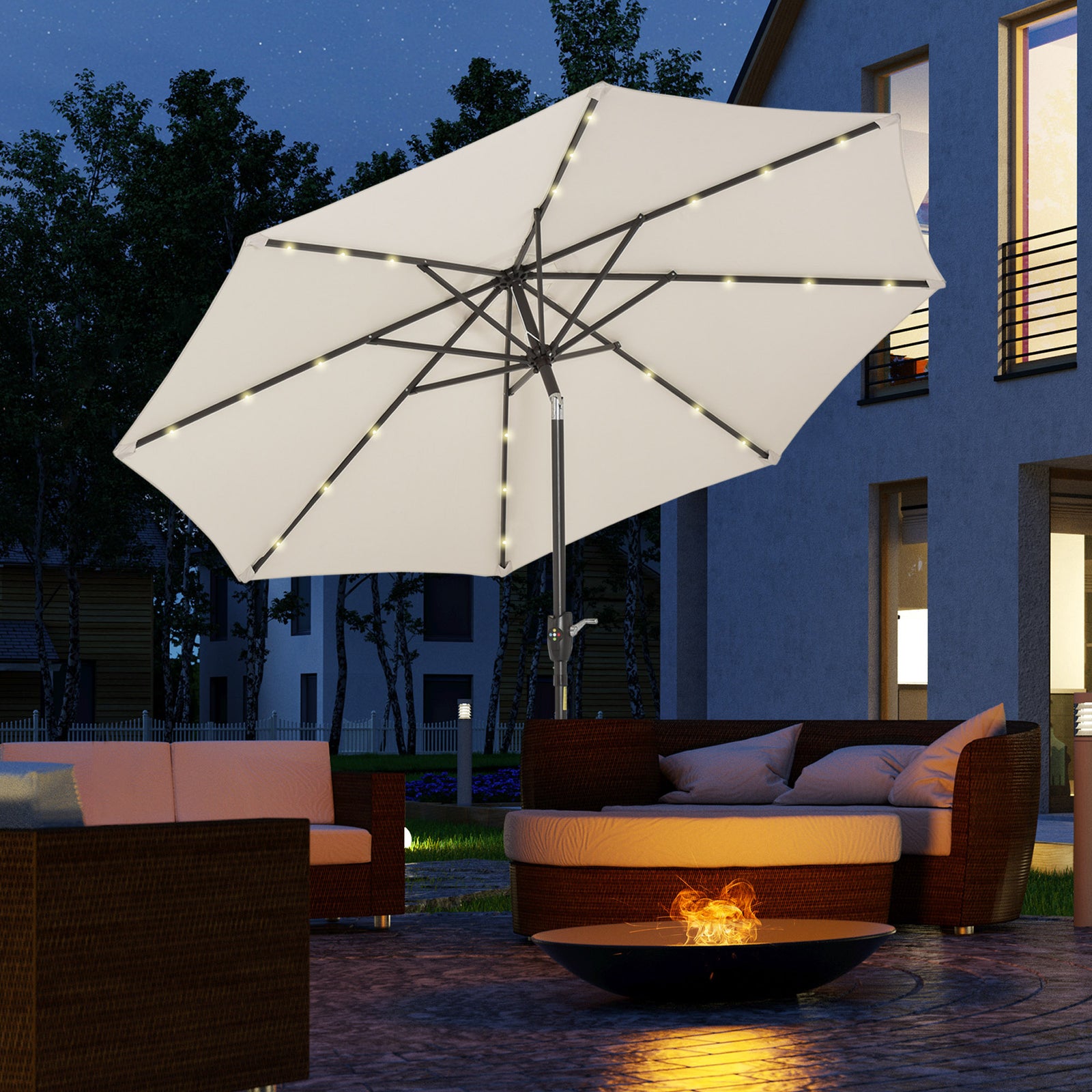 Parasol Patio Umbrella W/ Led Light Crank | White