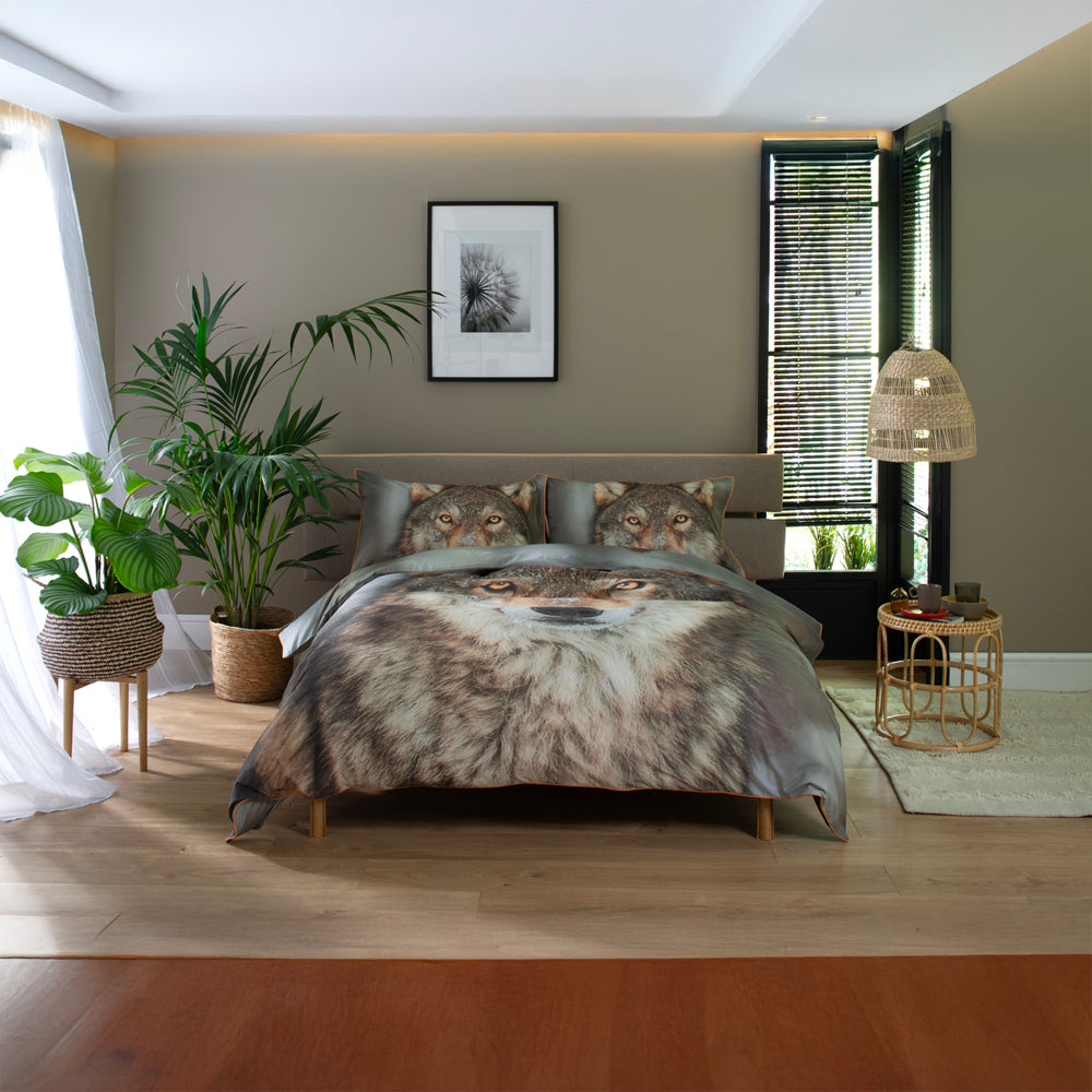Wolf Printed 100% Cotton Duvet Cover Set | Super King | Brown