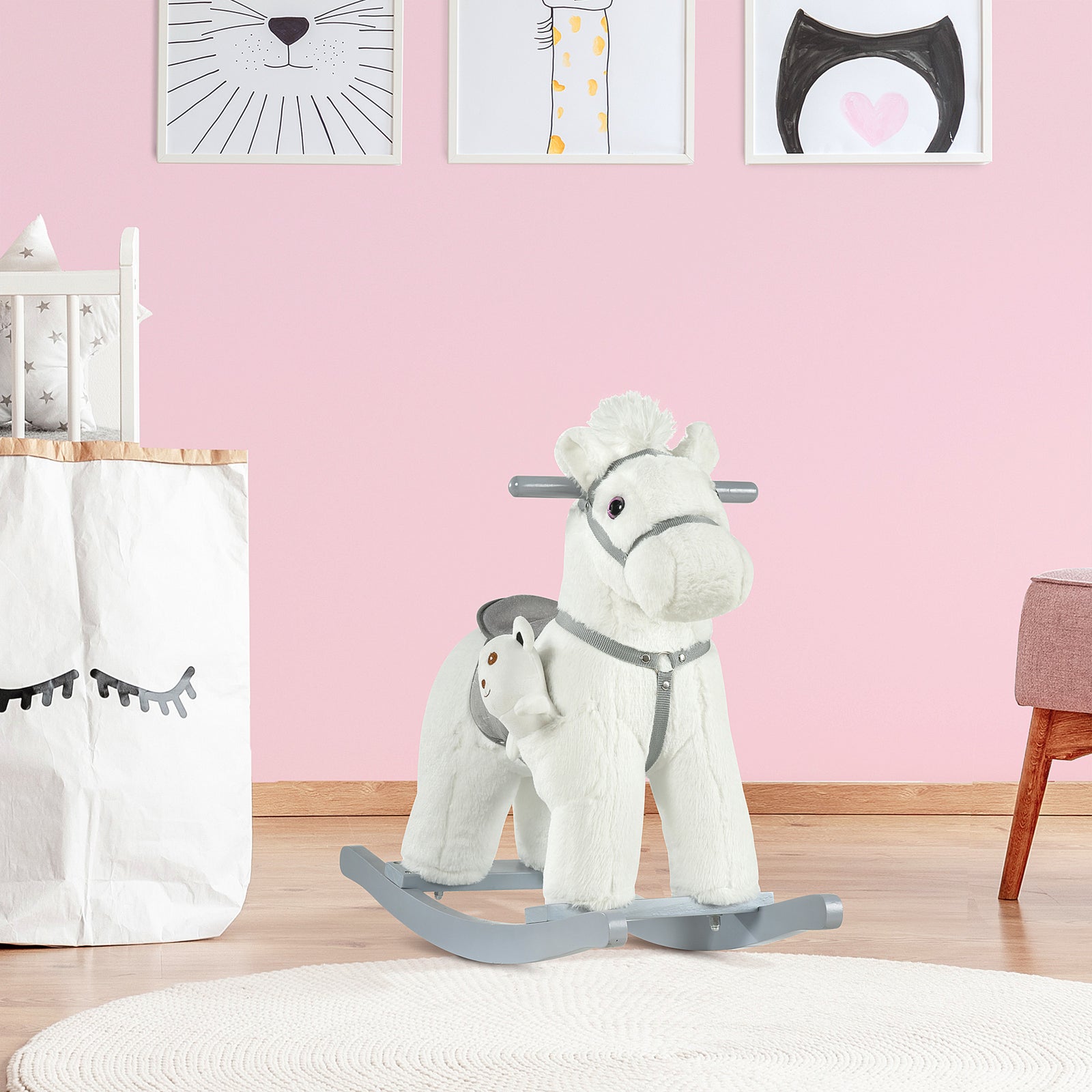 Kids Plush Ride-on Rocking Horse With Plush Toy Sound Handle Grip | White