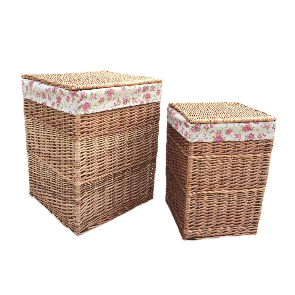 Garden Rose Cotton Lined Light Steamed Square Laundry Baskets | Large | Pink