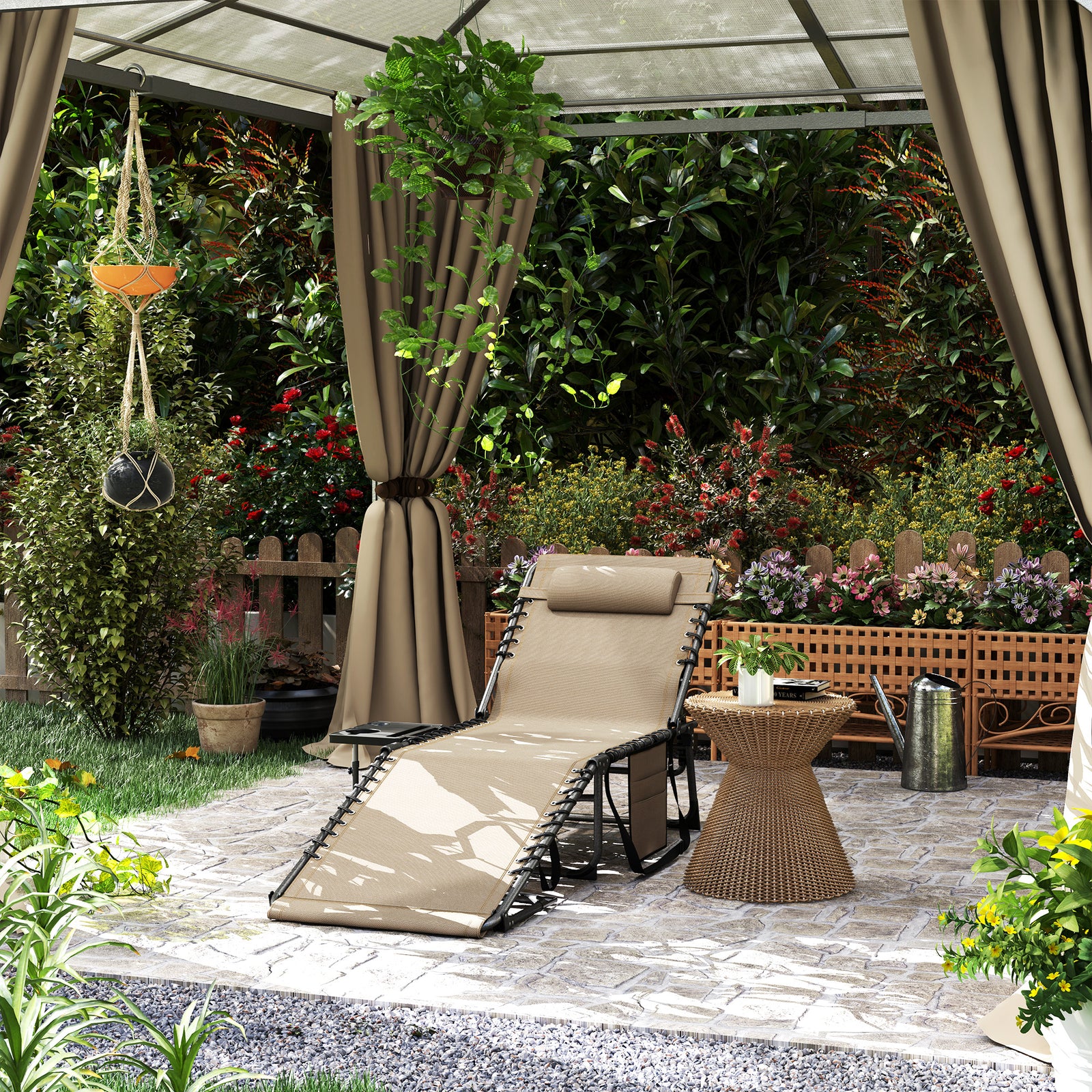 Folding Sun Lounger With 5-level Reclining Back, Side Table | Beige