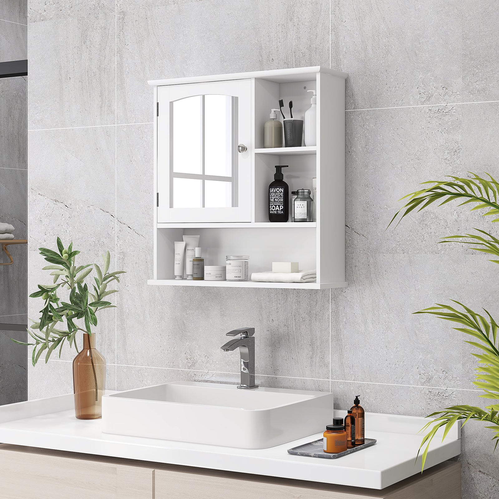 Wall Mounted Bathroom Mirror Glass Storage Cabinet