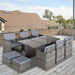 11 Pieces Rattan Dining Set Cushion Footrest Garden Wicker | Gray