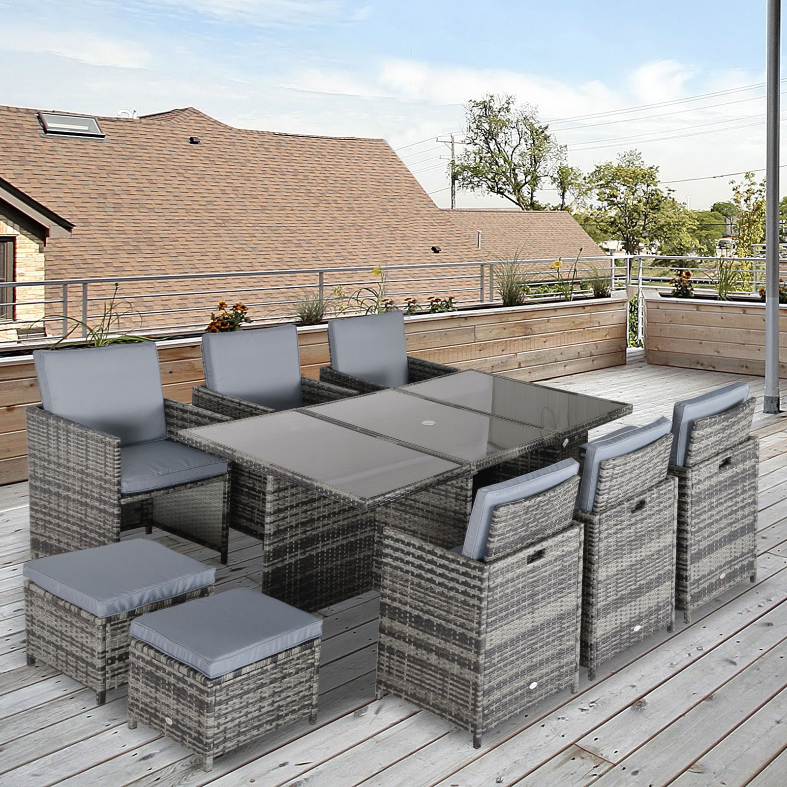 11 Pieces Rattan Dining Set Cushion Footrest Garden Wicker | Gray