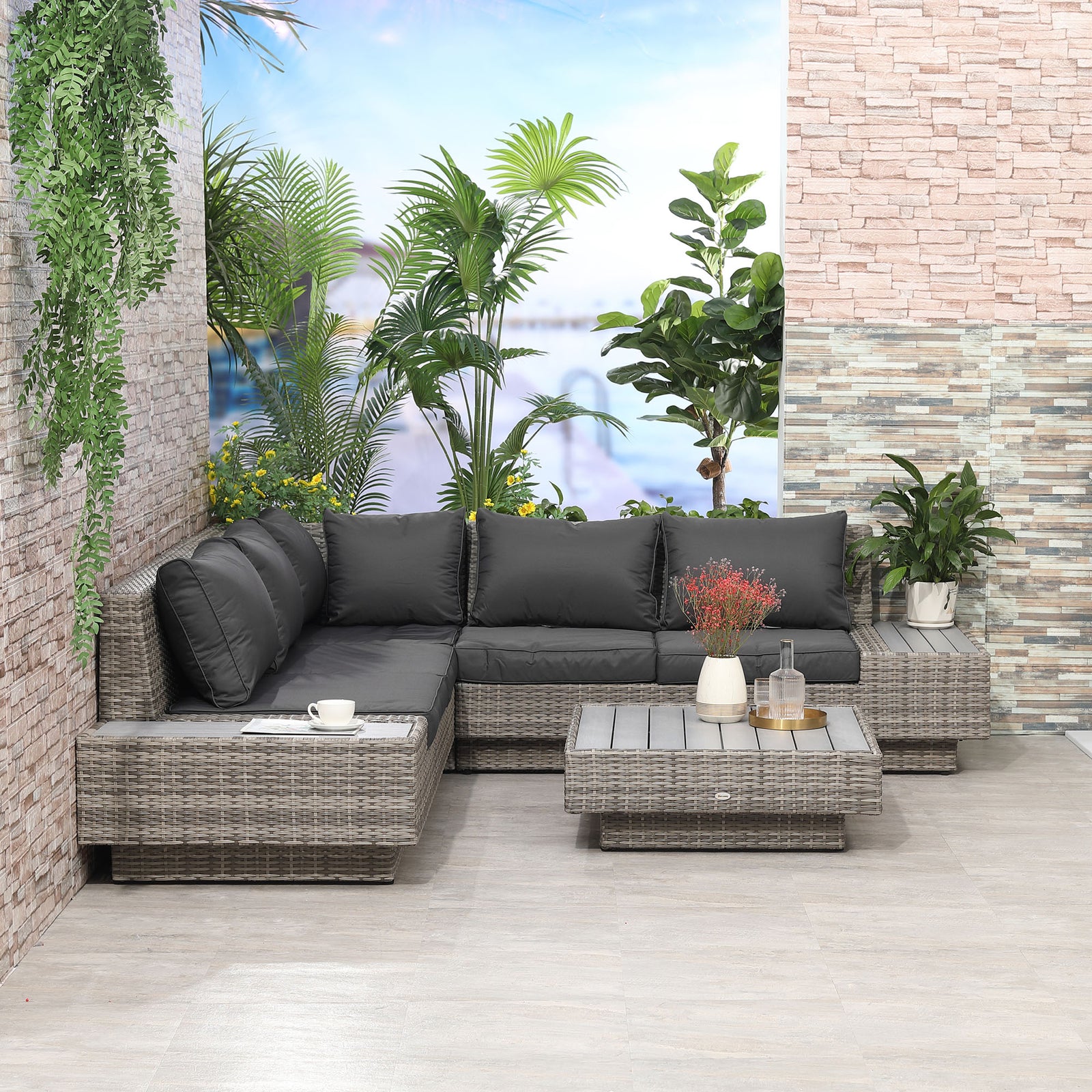 4pcs Rattan Sofa Set Garden Furniture Set W/ Armrest Cushion | Light Slate Gray