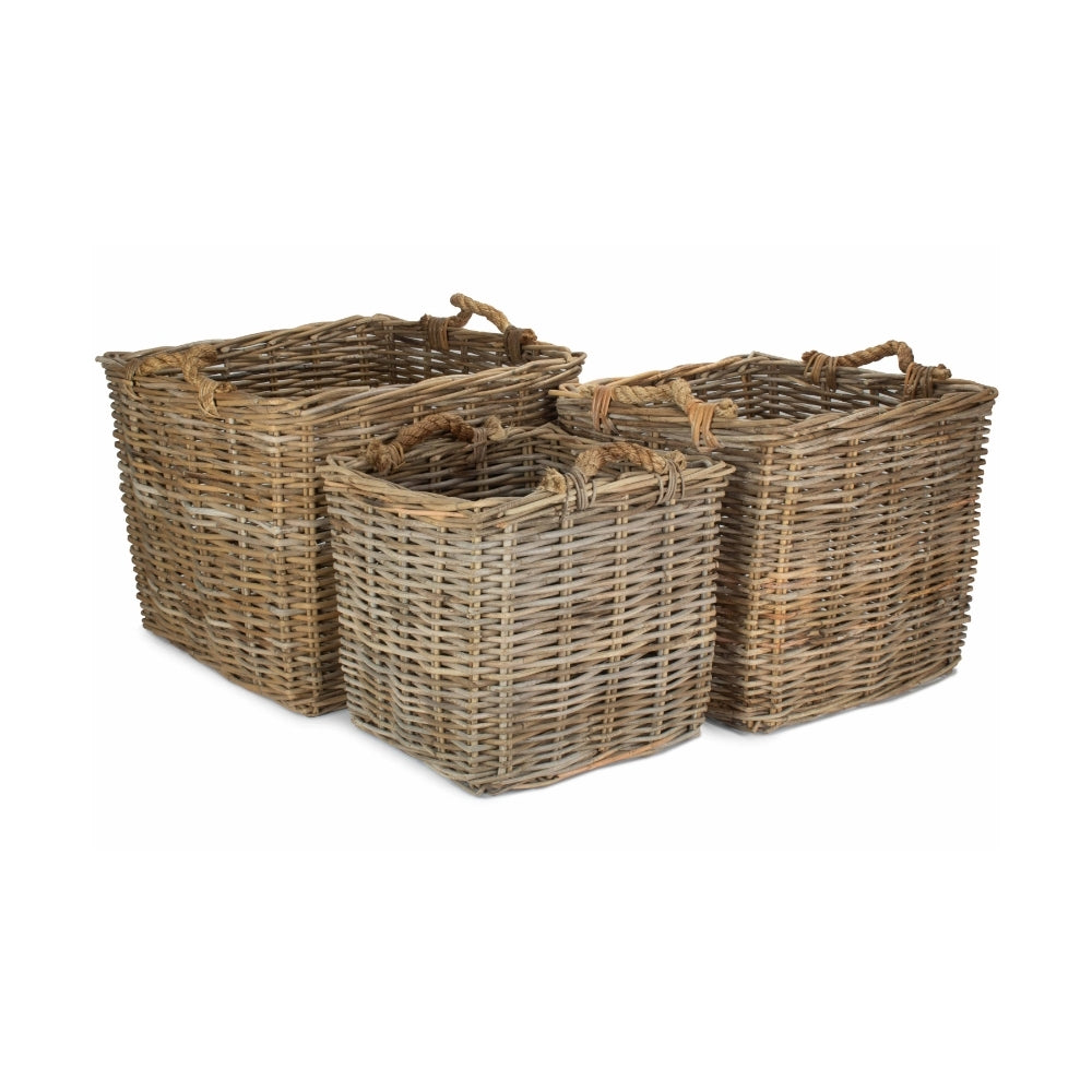 Square Grey Rattan Log Basket | Set-of-3 | Brown