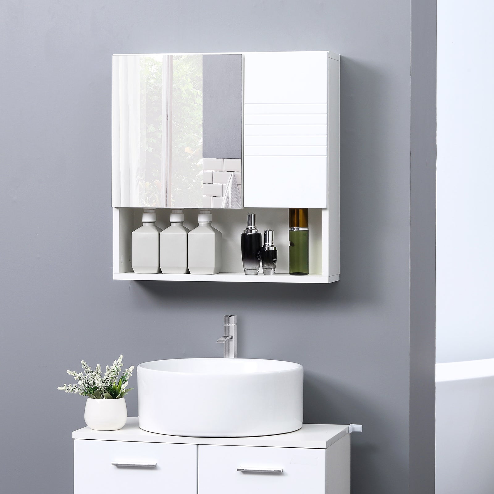 Bathroom Wall-mounted Mirror Cabinet W/ Double Door