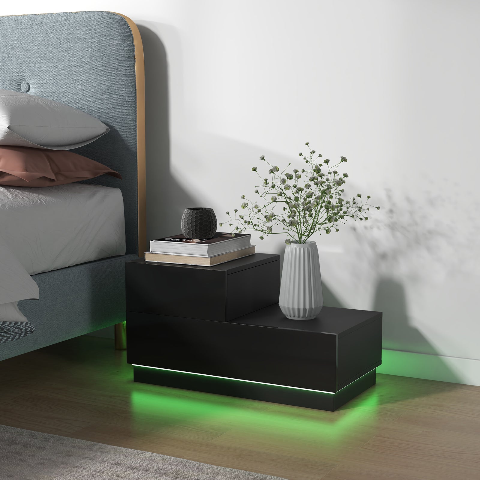 High Gloss Front Bedside Table Nightstand Led Light Remote | One Size | Black