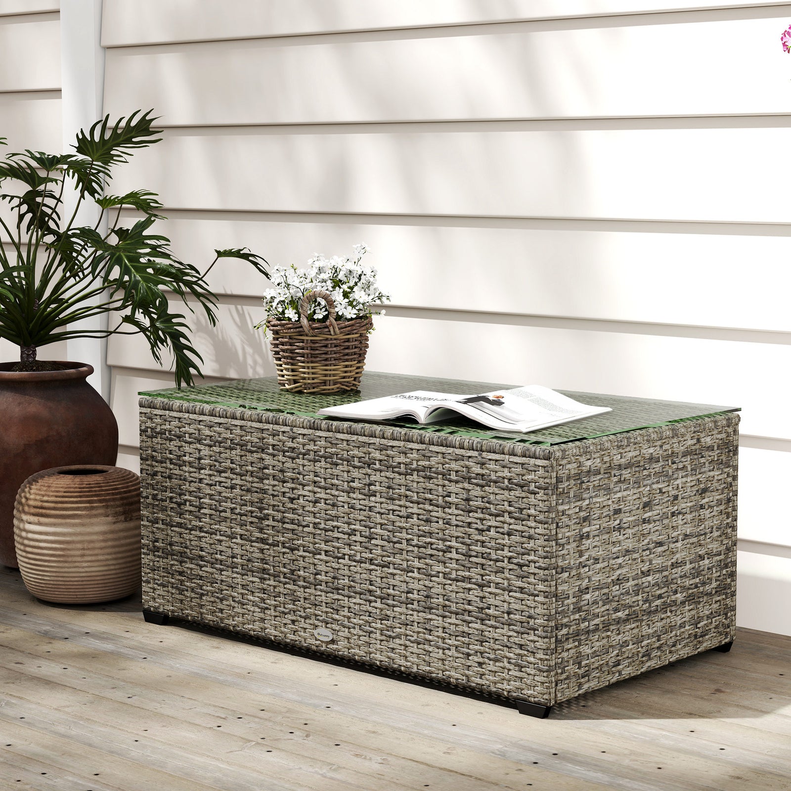 Outdoor Coffee Table, Glass Top Rattan Side Table | Dark Gray