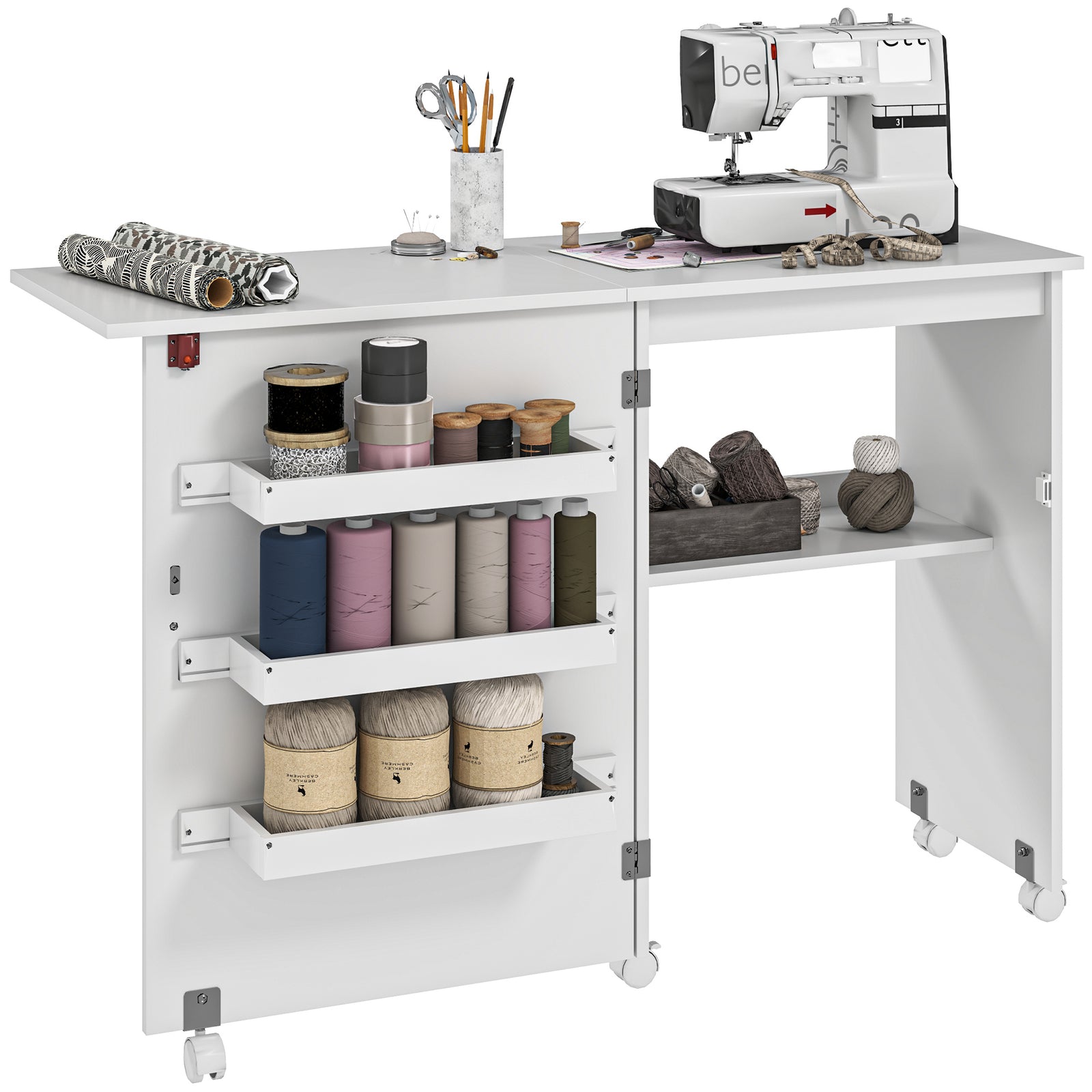 Folding Sewing Table Rolling Craft Table With Drop Leaf | White