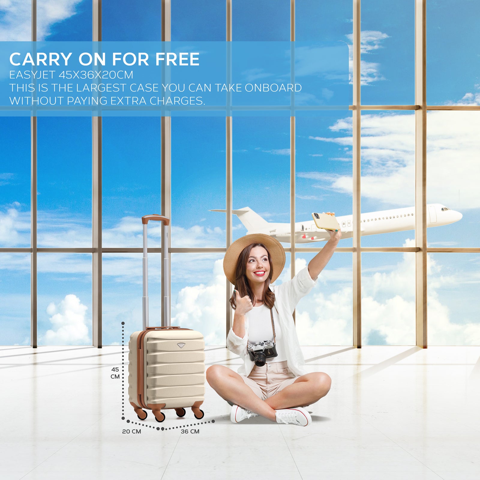 45x36x20cm Lightweight Underseat Cabin Carry On Suitcase - 100+ Airline Approved - Hard Shell Luggage - 4 Wheels | 45 x 36 x 20cm | Cream