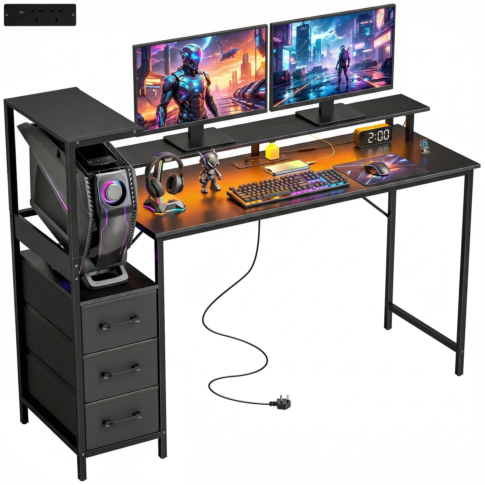 147cm Gaming Desk With Charging Station And Rgb Lights | Black