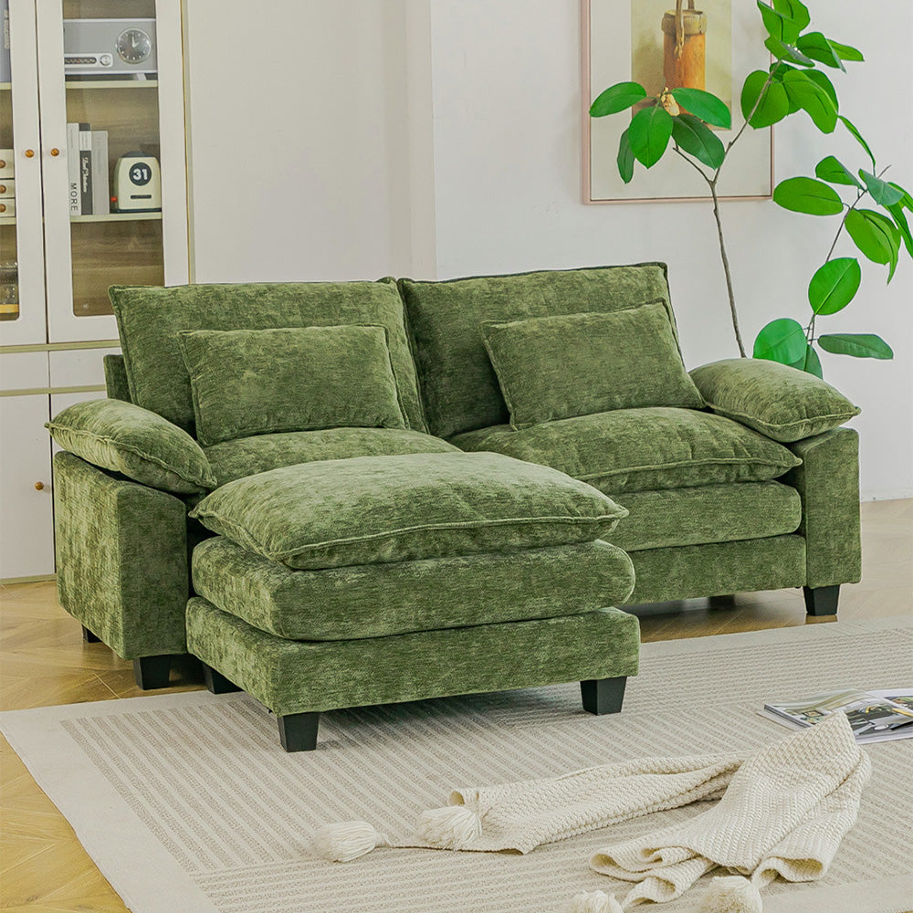 Chenille Sectional Sofa With Ottoman And Lumbar Pillows | Green
