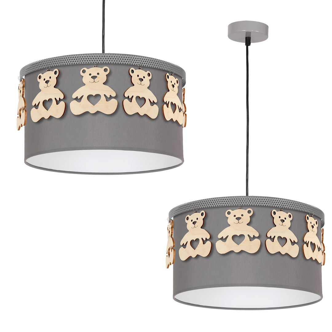 Mis Grey Pendant Lamp 1xe27 Beautifully Hand Made From Contemporary Grey Fabric With Natural Wooden Teddybears