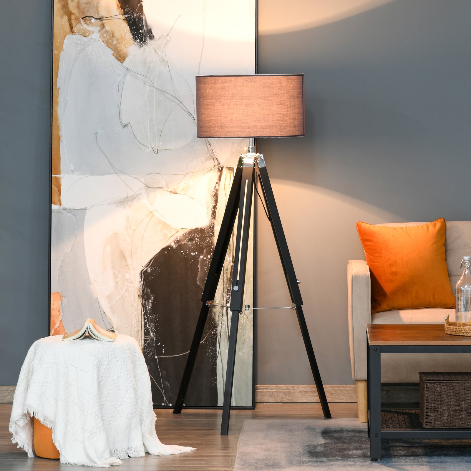 Tripod Base Floor Lamp With Wood Leg Height Adjustable