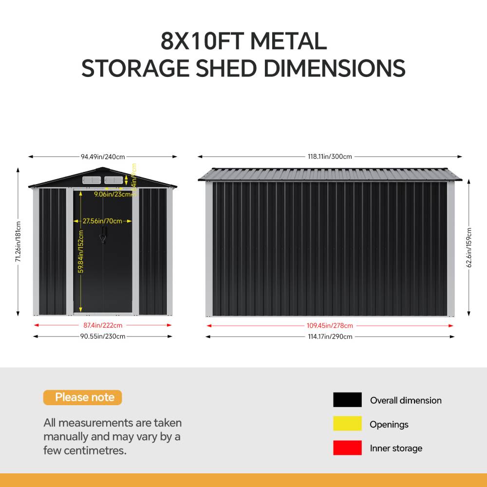 Breeins 8 X 10ft Large Metal Outdoor Storage Shed with Apex Roof, Lockable Double Sliding Doors & Air Vents, Weather-Resistant Garden Tool Storage House
