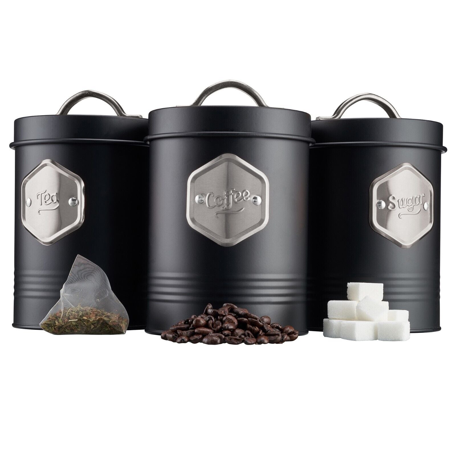 Tea Coffee & Sugar Canisters Bin Jar Storage 3pc Black/silver | Black