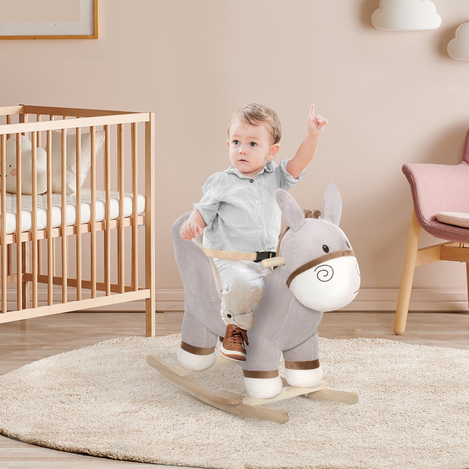 Cute Kids Ride-on Rocking Donkey W/ Sound Handlebars Seat Belt Plush Body