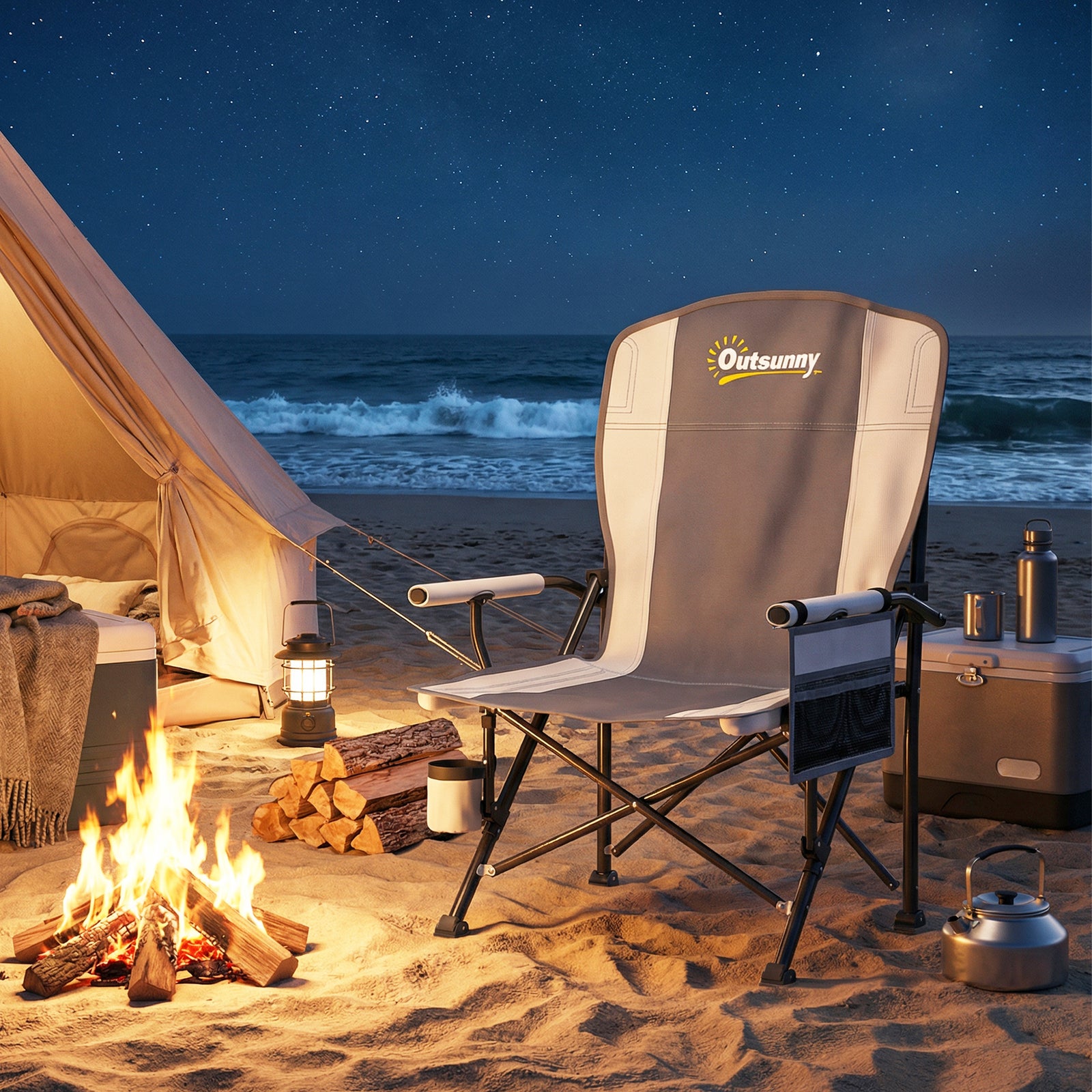 Camping Chair Padded With Side Pocket | Light Grey