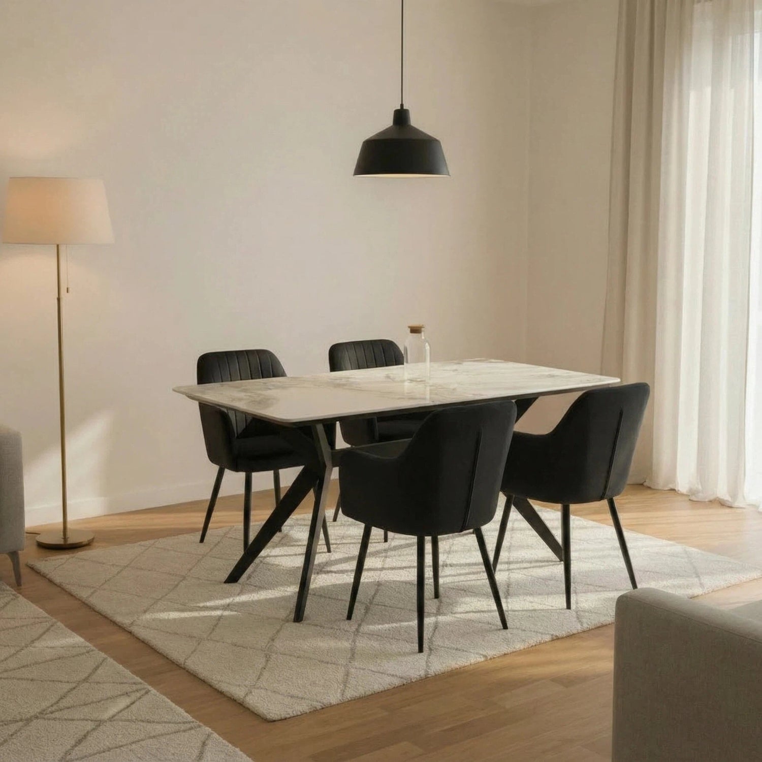 San Diego Marble Top Dining Table With Charlotte Velvet Chairs | Black