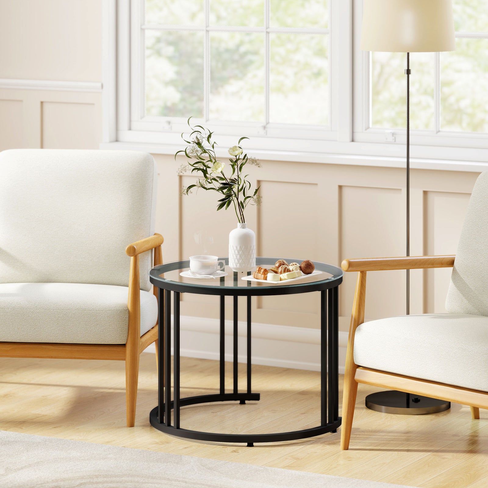 HOMCOM 2 Pieces Round Nesting Coffee Tables With Tempered Glass Top, Black