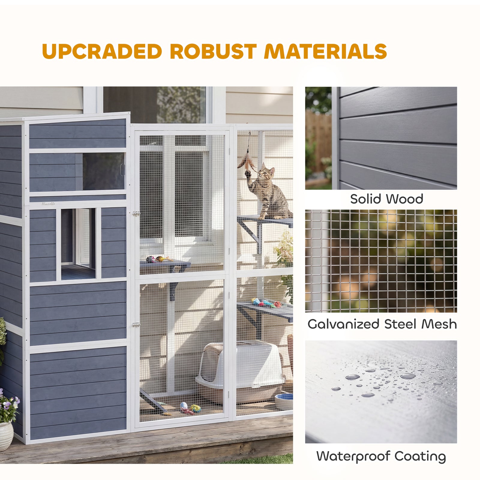 PawHut Wooden Catio With Spacious Resting Rooms, 3 Platforms, Window, Grey