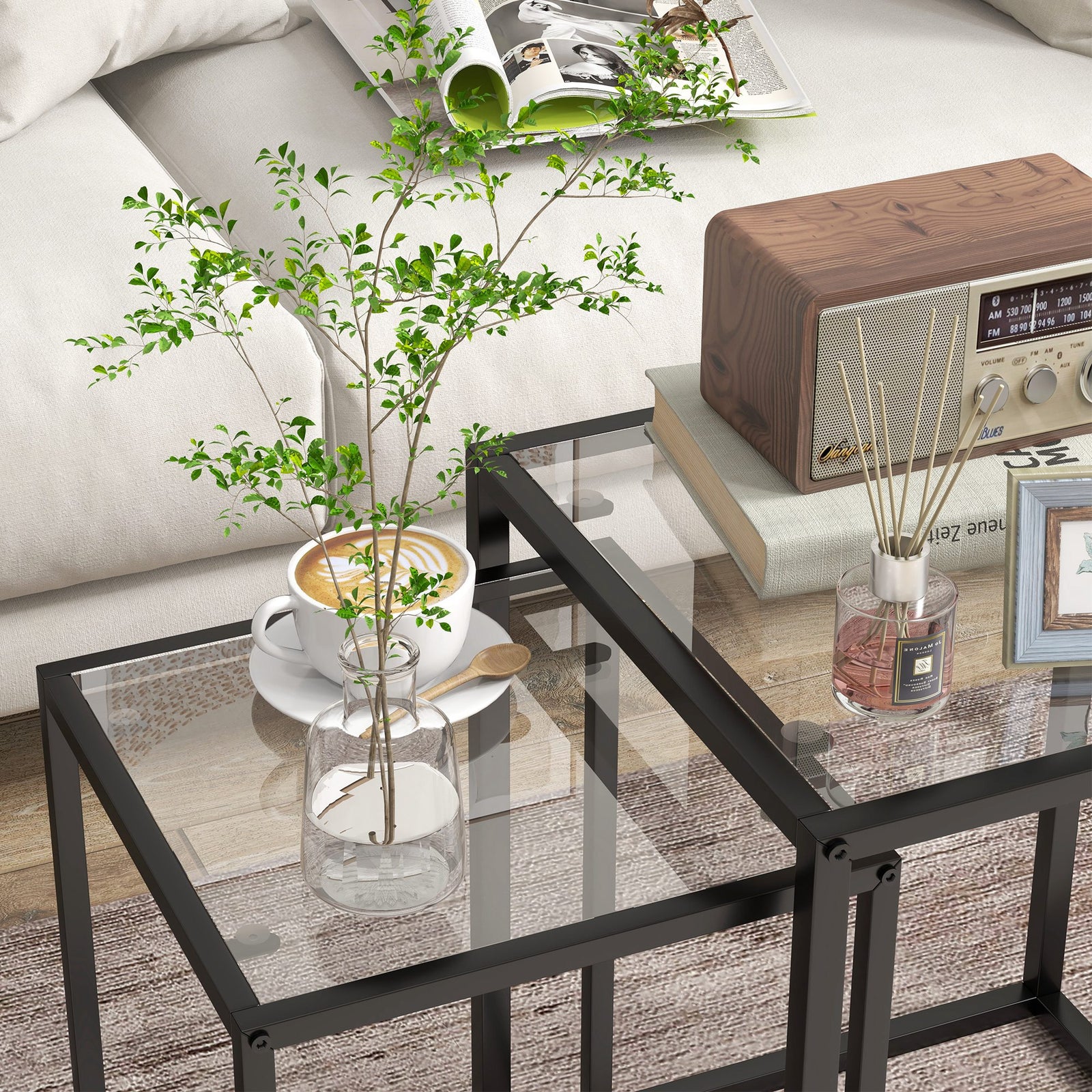 HOMCOM Nesting Tables Set Of 2, End Table With Tempered Glass Top, Black